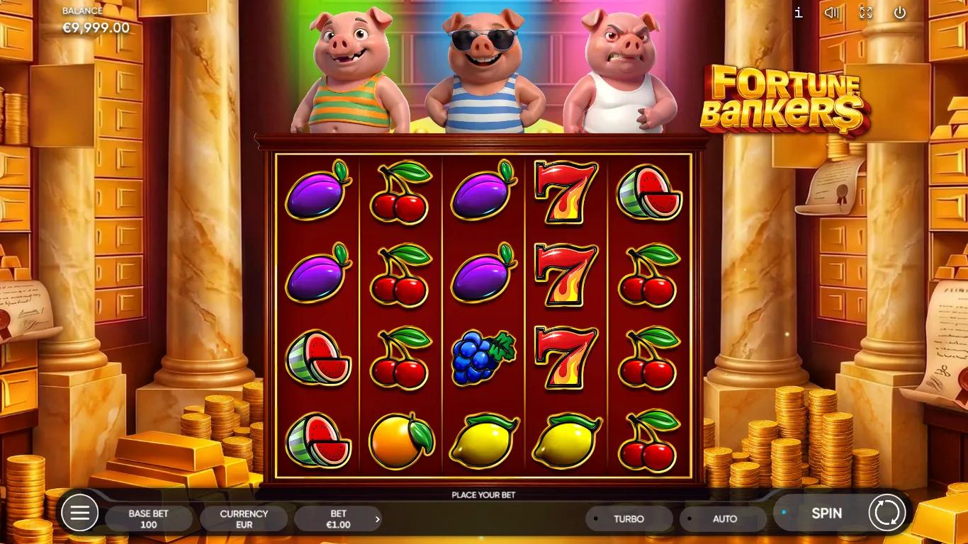 Fortune Bankers slot gameplay showing 5x4 vault grid with fruit symbols, banker pigs above the reels and red 7 high-pay symbols