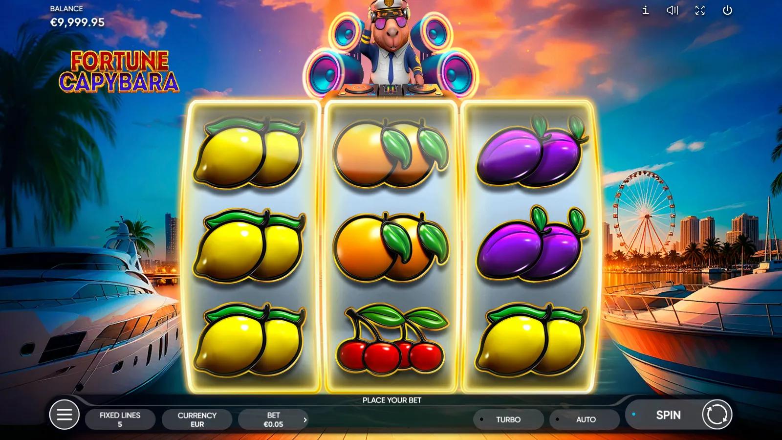 Fortune Capybara slot gameplay showing the 3x3 fruit reels with lemons, plums and a flaming Seven below the DJ capybara