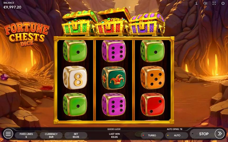 Fortune Chests Dice 3x3 grid with the joker wild die on the middle reel and a token dice collecting up into the three chests above the reels