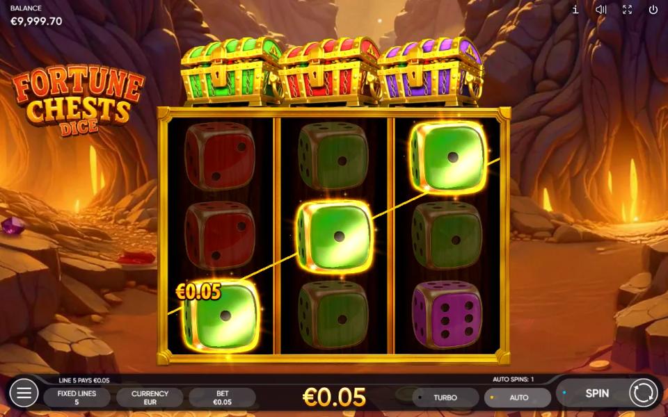 Three green one-pip dice lit across payline 5 in Fortune Chests Dice, paying 0.05 euro at a 0.05 euro stake