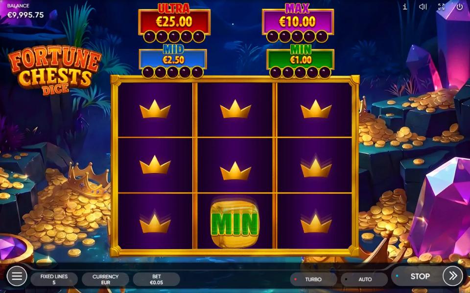 The Jackpot Collecting bonus in Fortune Chests Dice, a 3x3 grid of gold crowns with one MIN dice landed and four reward counters above it