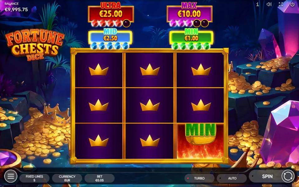 The last spin of the Jackpot Collecting bonus in Fortune Chests Dice, with the ULTRA counter showing four of its five lamps lit