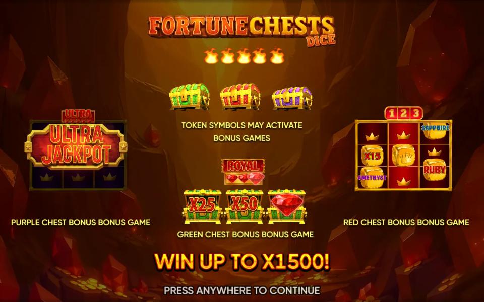 Fortune Chests Dice splash screen showing five lit volatility flames, the three chest bonus games named, and a 1,500x maximum win