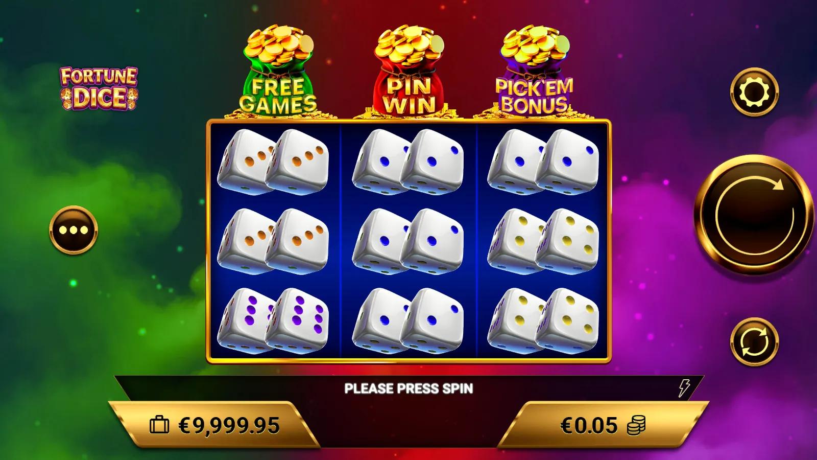 Fortune Dice slot gameplay showing 3x3 dice grid with Free Games, Pin Win and Pick'Em bonus bags above