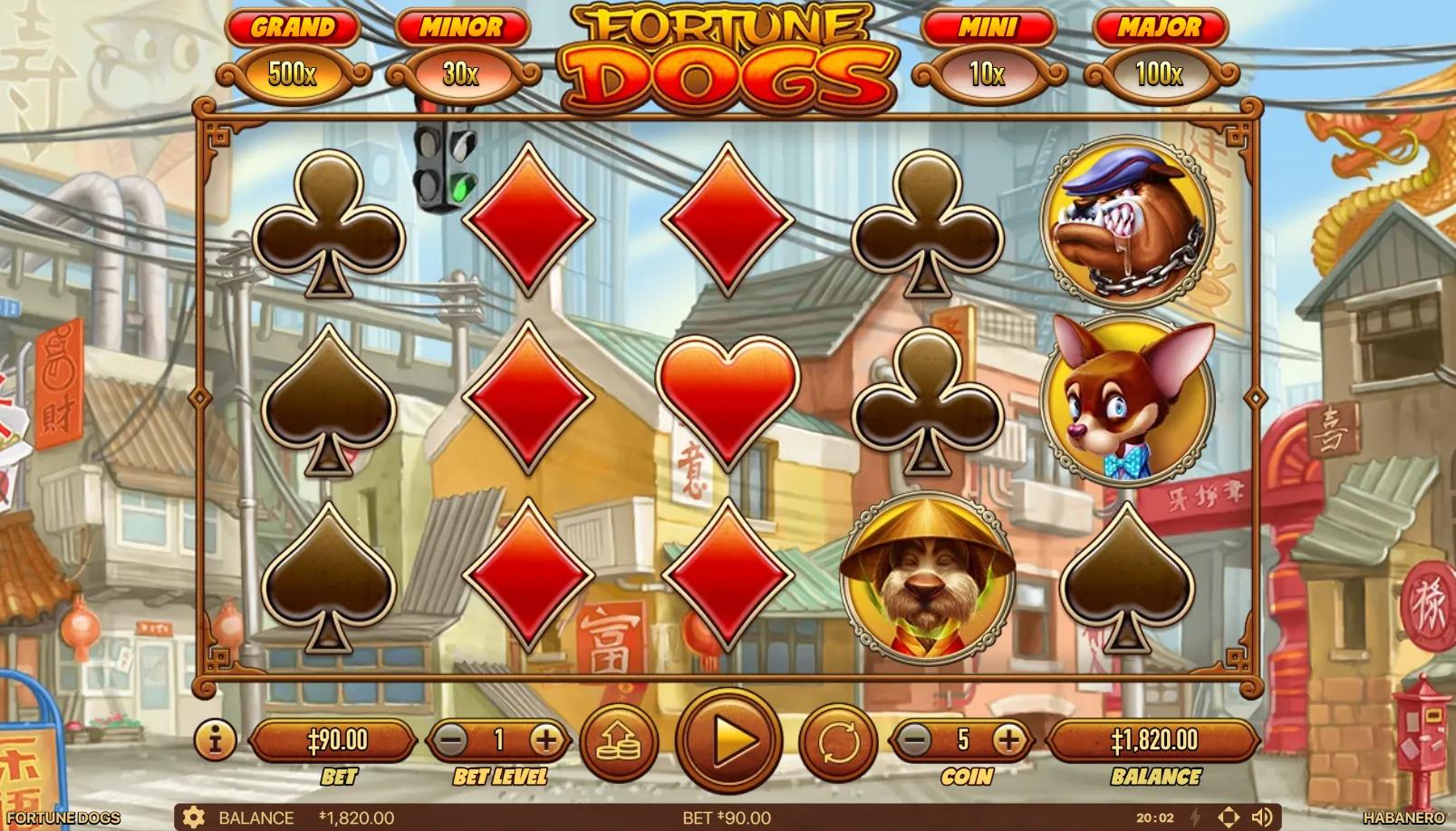 Fortune Dogs slot gameplay showing 5x3 grid with Chinese zodiac dog breeds, paw print wild, and gold coin scatter on red-and-gold Chinese fortune backdrop