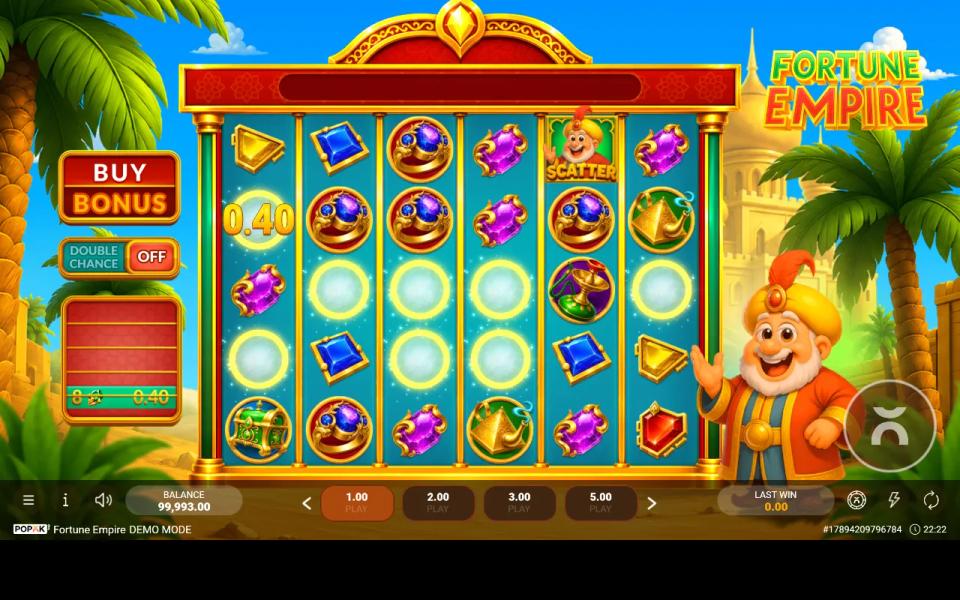 Fortune Empire's 6x5 grid mid-tumble, eight green gems cleared into empty cells with a 0.40 win marked on the first reel