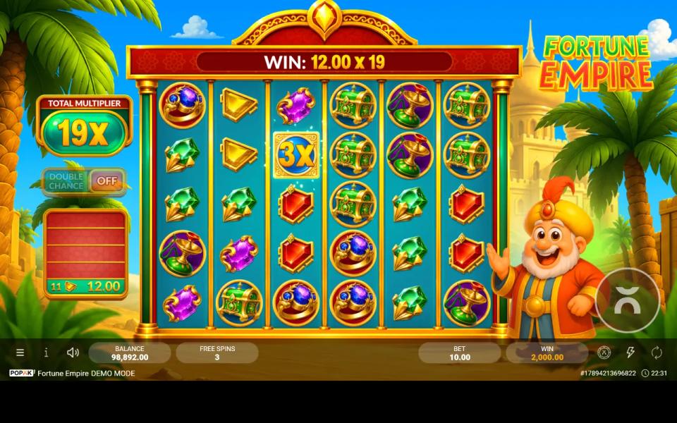 A 3x multiplier orb on Fortune Empire's grid with the Total Multiplier meter reading 19x and a win of 12.00 times 19