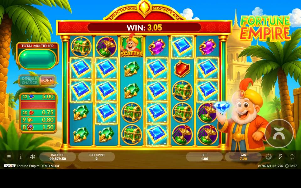 Fortune Empire free spins two spins from the end with the Total Multiplier meter still empty