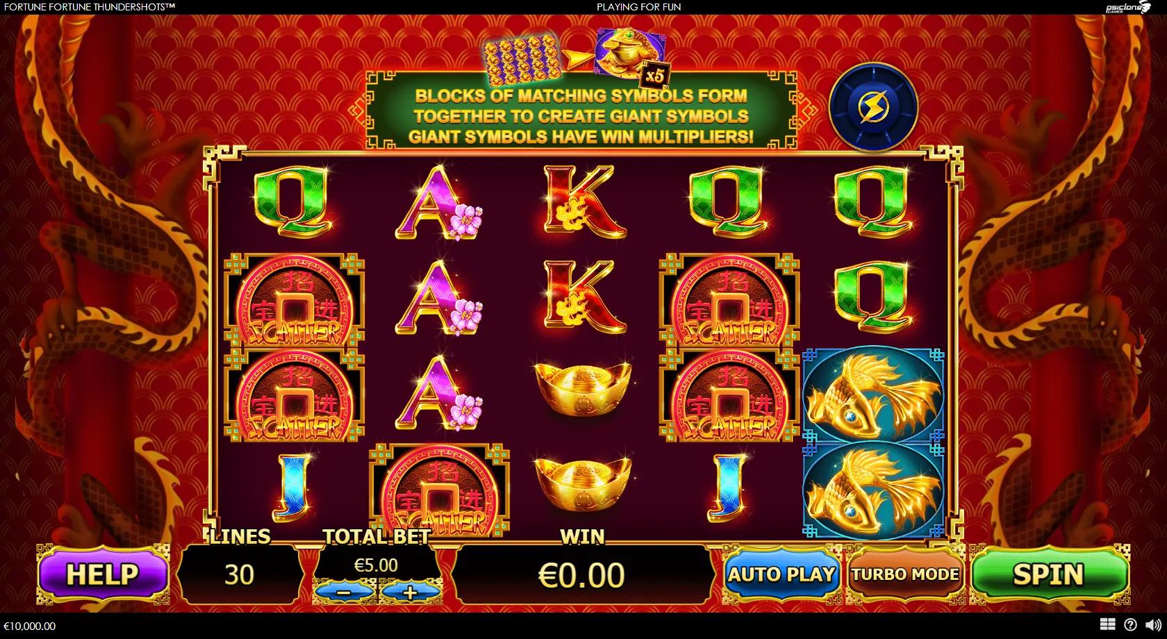 Fortune Fortune Thundershots 5x4 Chinese reels with money toad, gold fish, coin scatter and a giant J symbol with x2 multiplier