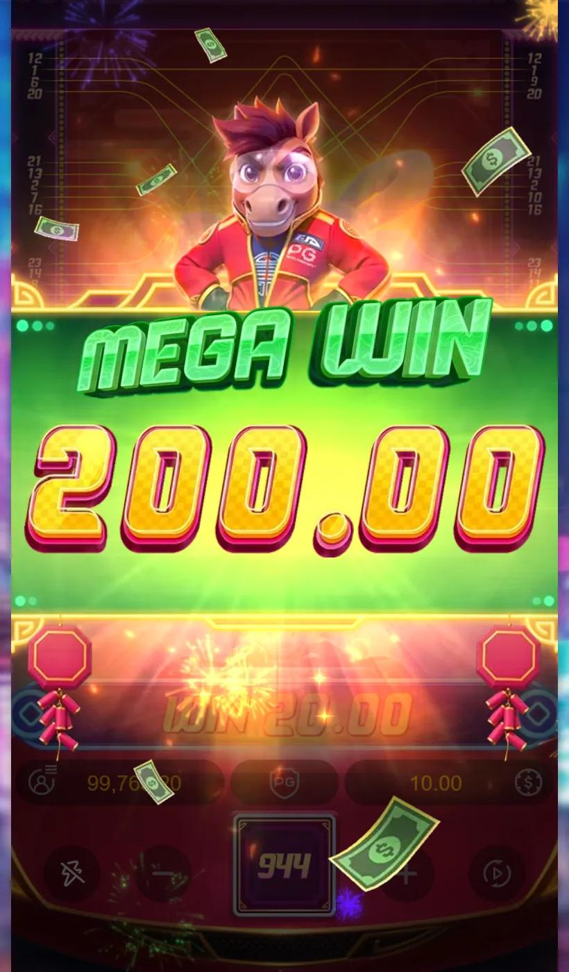 Fortune Horse mega win of 200.00, twenty times the stake, after the x10 multiplier