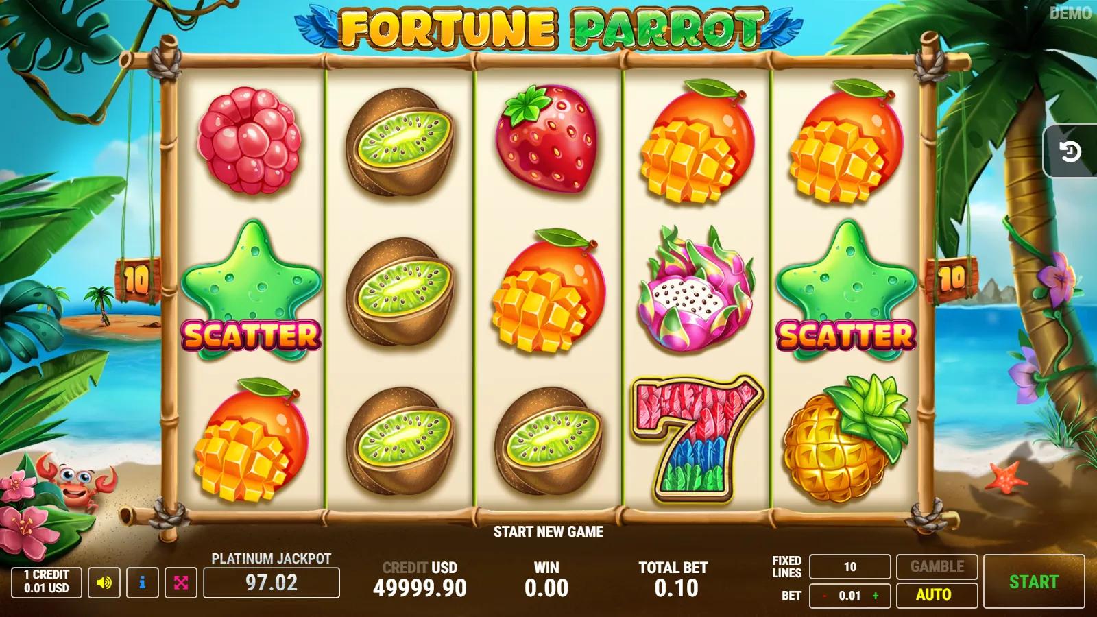 Fortune Parrot slot gameplay showing 5x3 tropical fruit grid with parrot wild, starfish scatters, rainbow 7 and 10 paylines