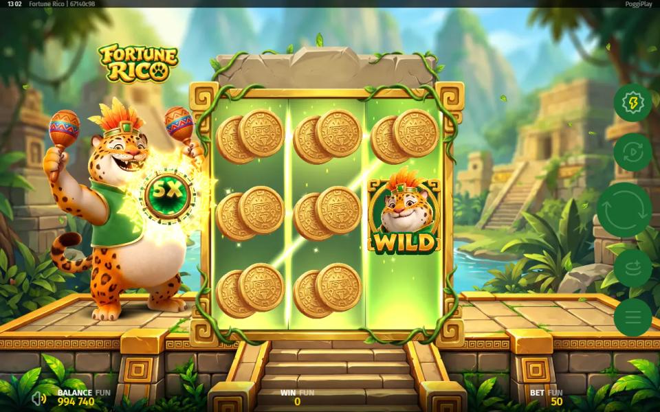 Fortune Rico final Jaguar Feature board with seven coins and a wild locked and the bottom-right cell empty
