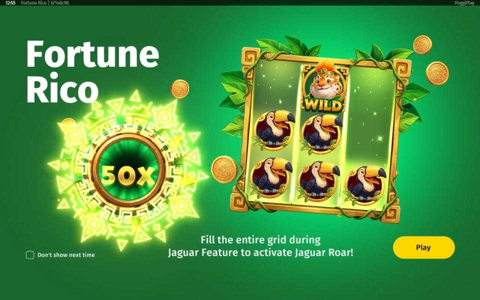 Fortune Rico welcome slide showing the jaguar's orb at 50X over a filling grid and the line Fill the entire grid during Jaguar Feature to activate Jaguar Roar
