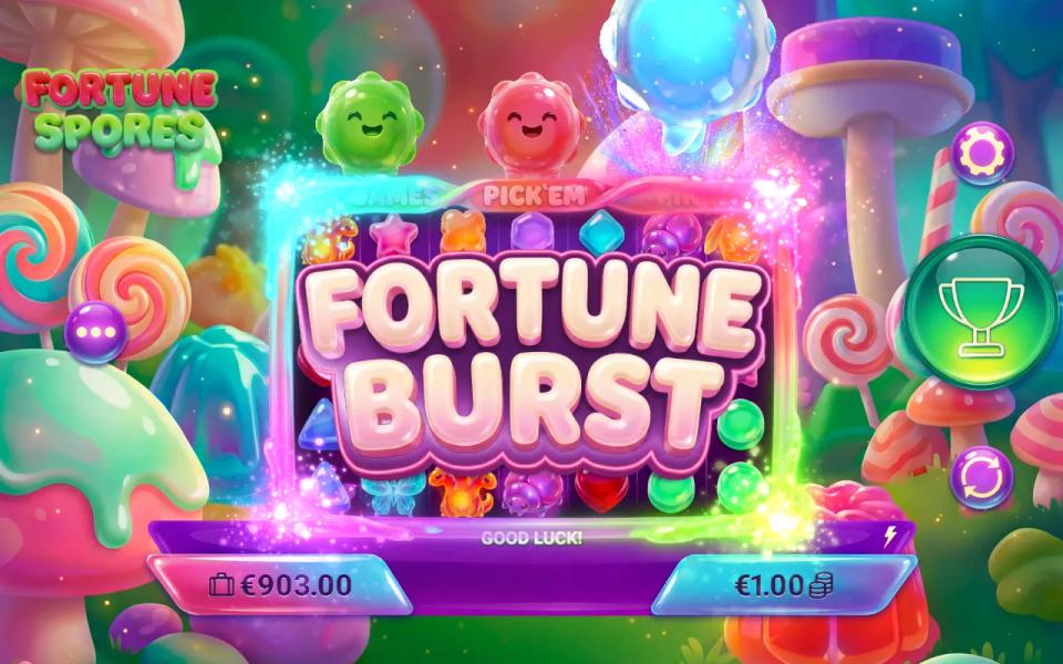 Fortune Burst banner over the Fortune Spores reels as the blue jelly lights up after a bought spin
