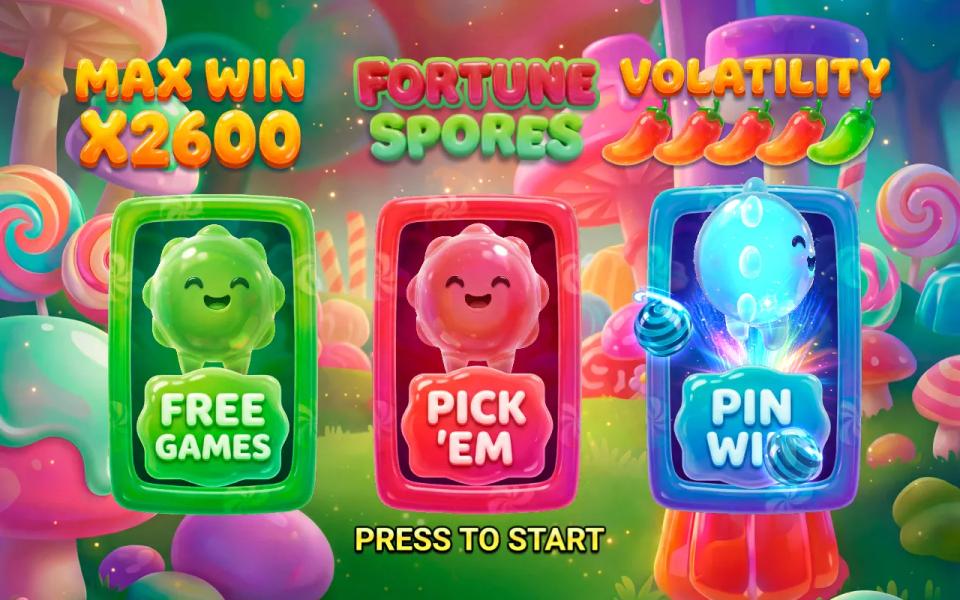 Fortune Spores splash screen with the logo, a 2,600x max win badge and cards for Free Games, Pick'em and Pin Win