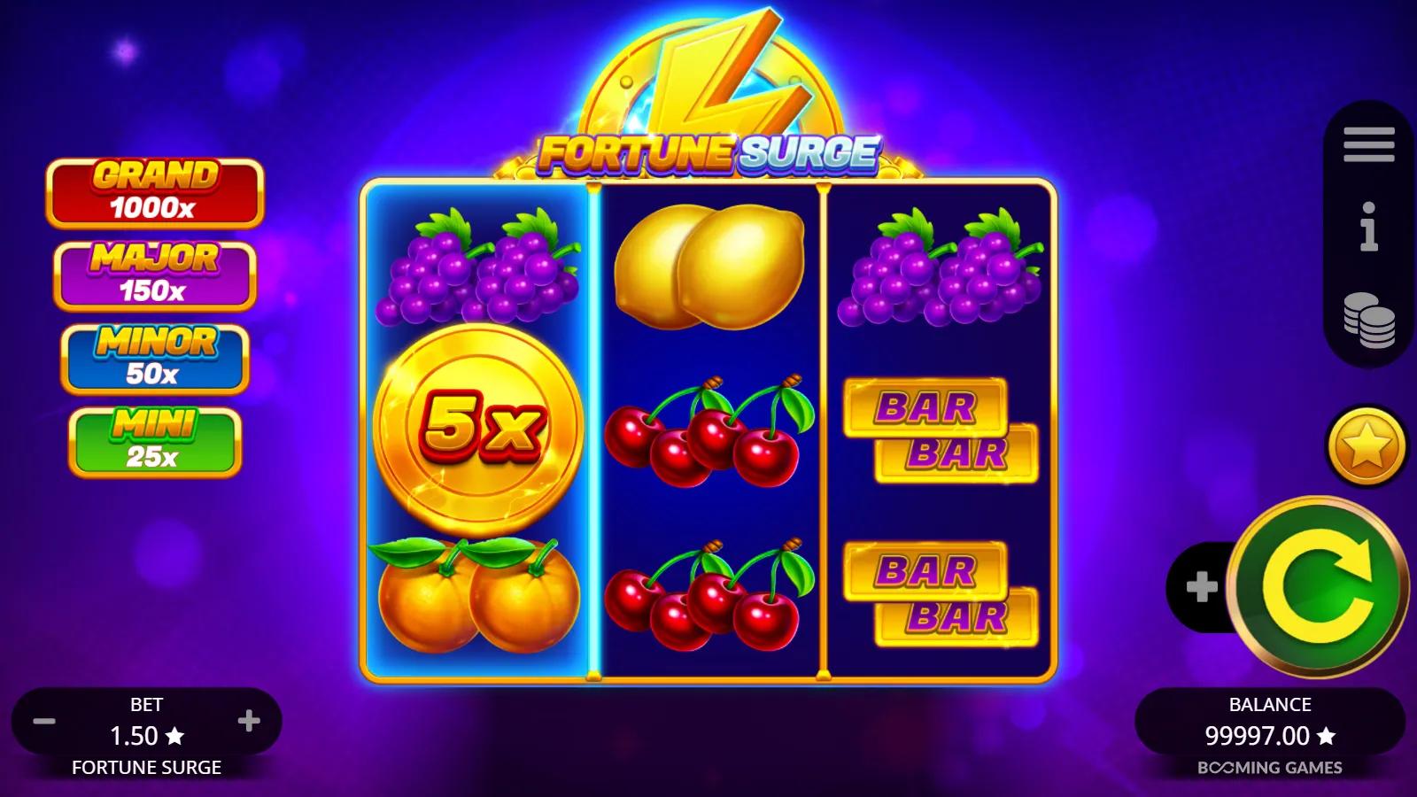 Fortune Surge slot gameplay showing the 3x3 grid with a 5x gold coin and classic fruit symbols