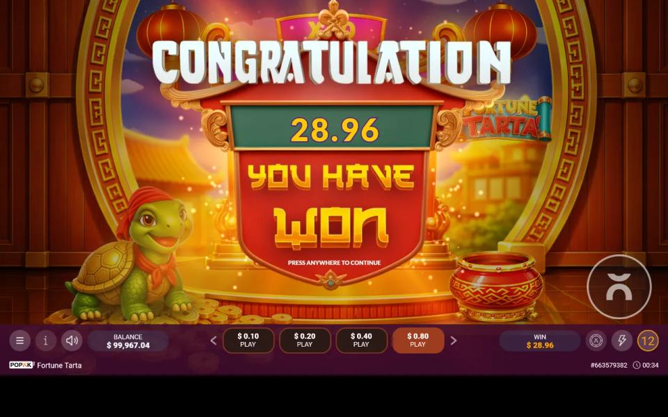 Fortune Tarta's free spins round closing on a 28.96 total