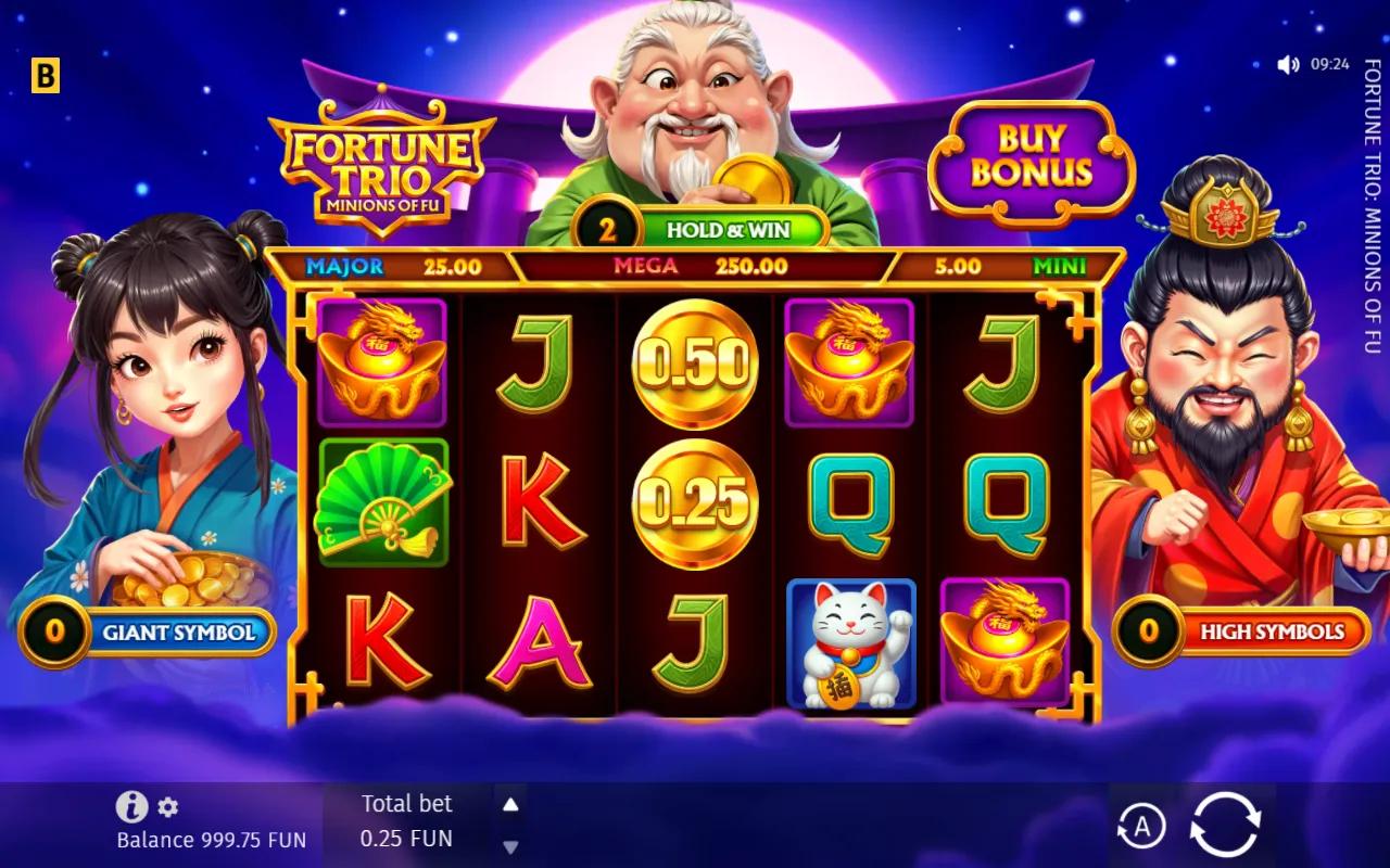 Fortune Trio Minions of Fu slot 5x3 grid with stacked gold Coin symbols on reel 3 and the Hold and Win counter at 2