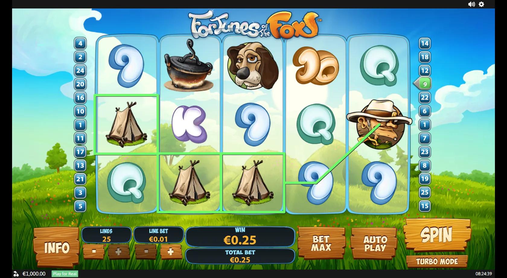Fortunes of the Fox 5x3 countryside reels with a cartoon fox wild, hunter, hound dog and grapes scatter