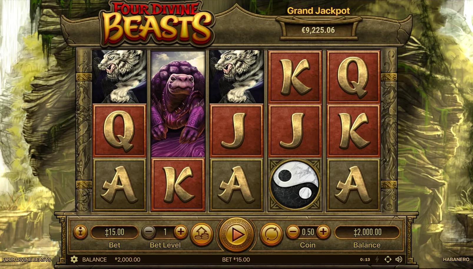 Four Divine Beasts slot gameplay showing 5x3 grid with Azure Dragon, White Tiger, Black Tortoise, Vermilion Bird beast symbols on celestial Chinese cosmos backdrop