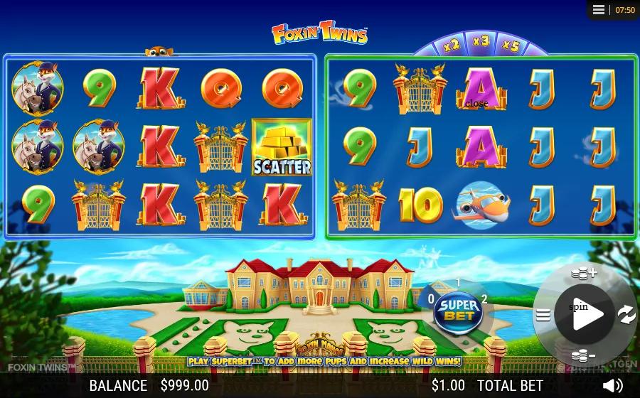 Foxin' Twins slot gameplay showing twin 5x3 reel sets with blue Reveal Wild, green Multiply Wild and fox pups