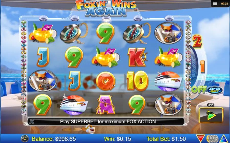 Foxin' Wins Again slot gameplay showing 5x3 grid with foxy captain wild, cruise ship and compass on 50 lines