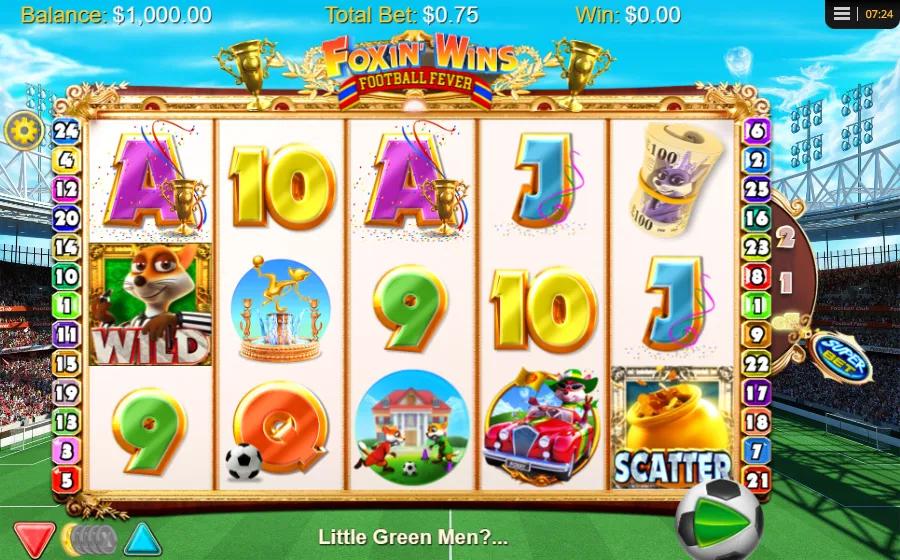 Foxin' Wins Football Fever slot gameplay showing 5x3 stadium grid with referee fox wild and pot of gold scatter