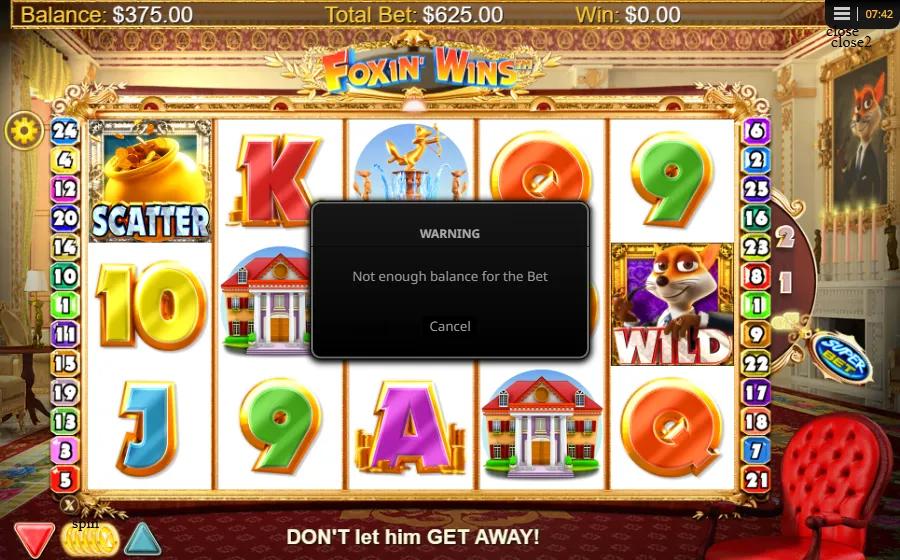 Foxin' Wins slot gameplay showing 5x3 grid with Fox WILD and gold pot SCATTER symbols