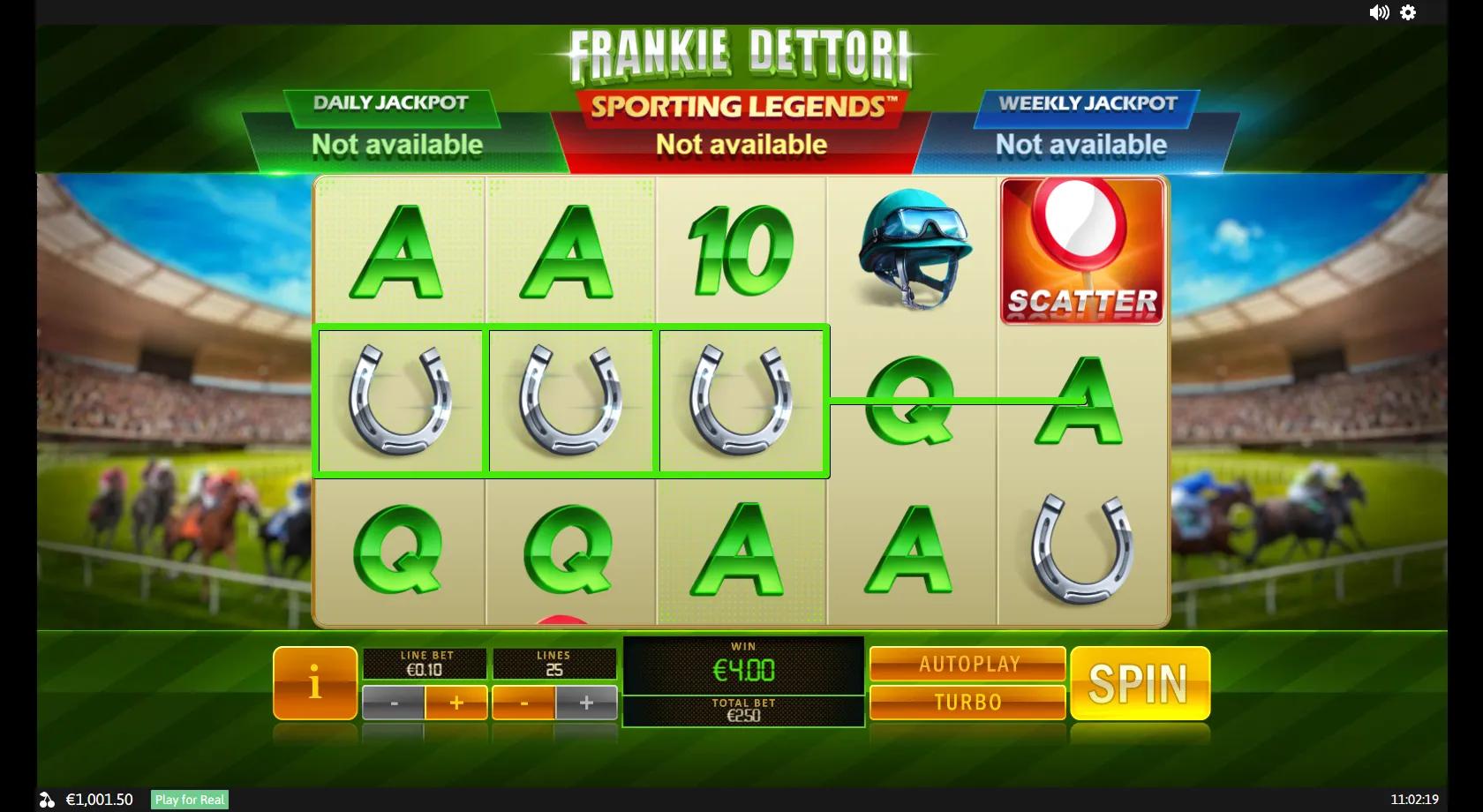 Frankie Dettori Sporting Legends gameplay showing 5x3 grid with a winning horseshoe line, scatter and jackpot banners