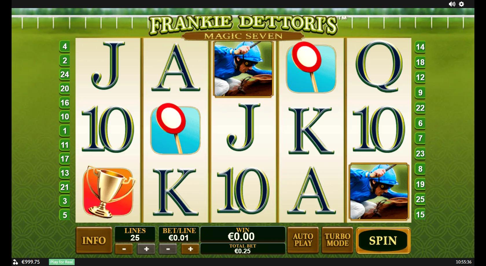 Frankie Dettori's Magic Seven slot gameplay showing 5x3 grid with jockey, trophy and winning post symbols on 25 paylines