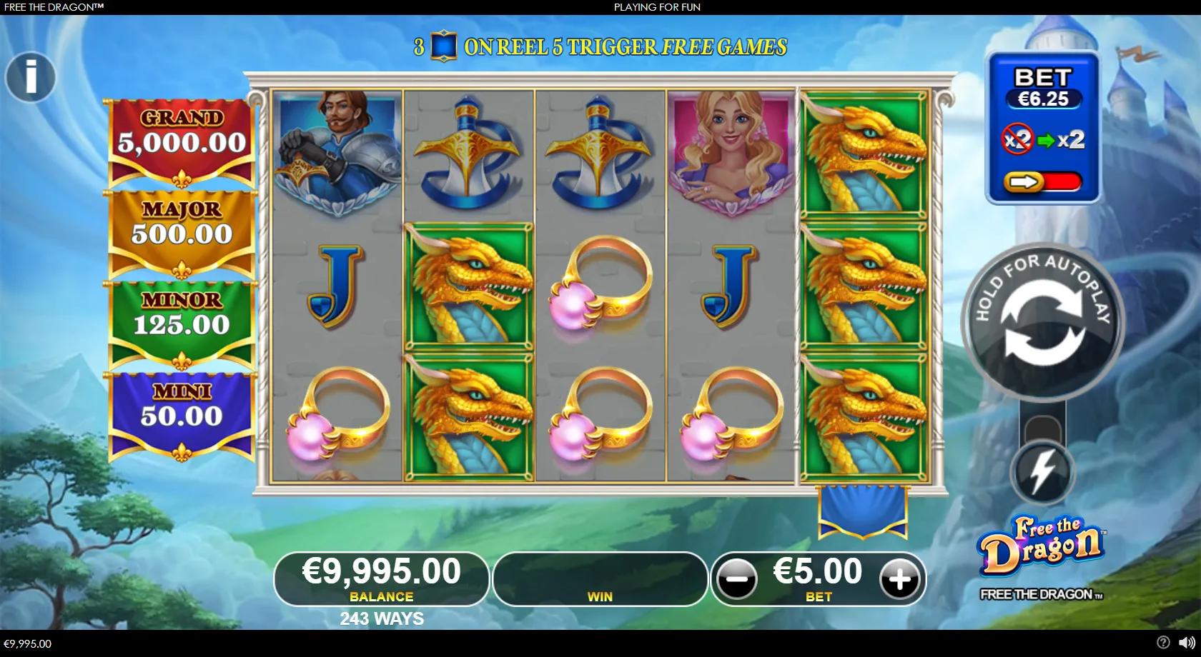 Free the Dragon slot gameplay showing a 5x3 fairy-tale-kingdom grid with dragon, knight, princess, sword and pearl-ring symbols, jewelled royals and a four-tier jackpot banner