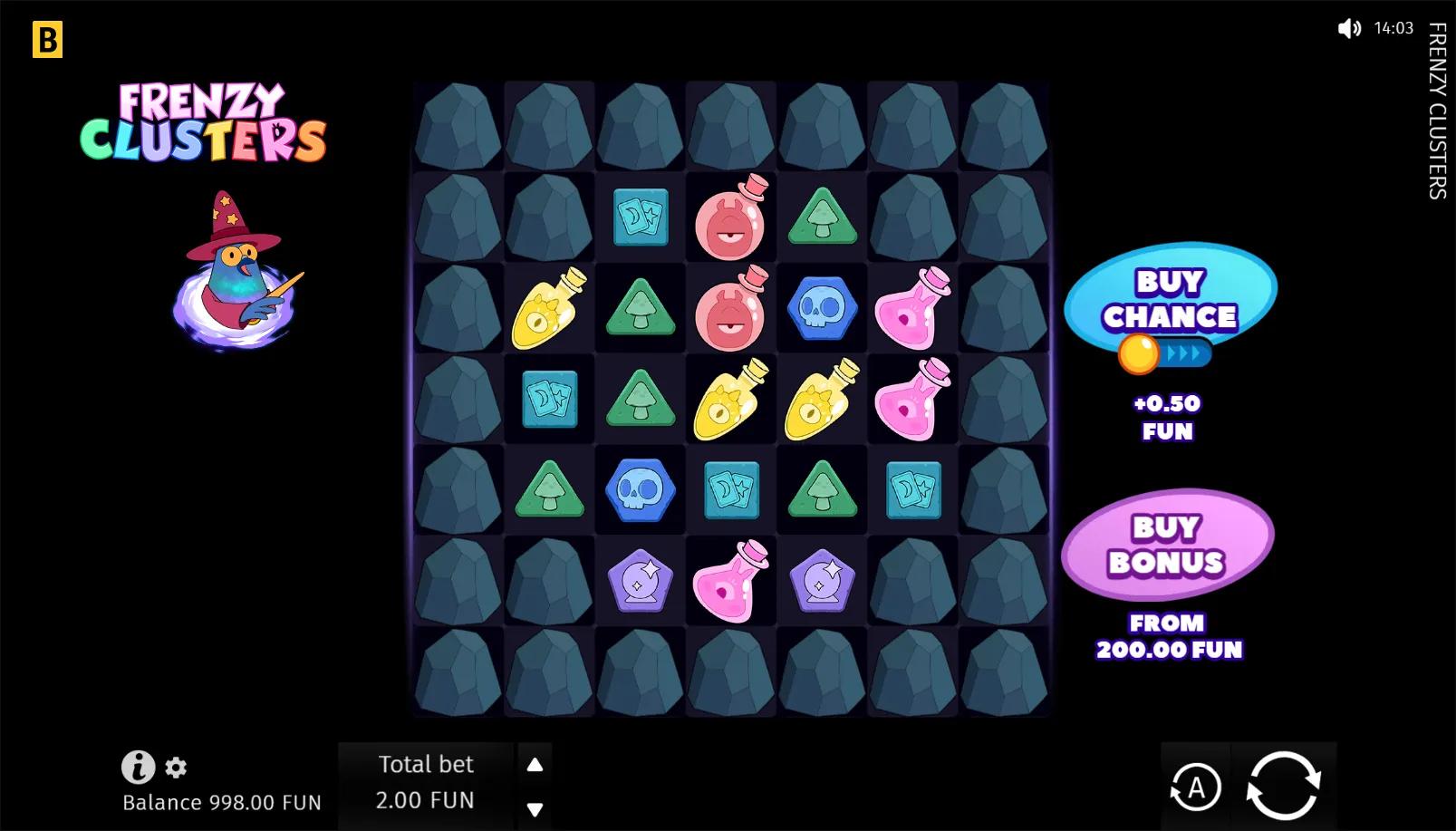 Frenzy Clusters slot gameplay showing the 7x7 cluster pays grid with locked rock cells and potion symbols
