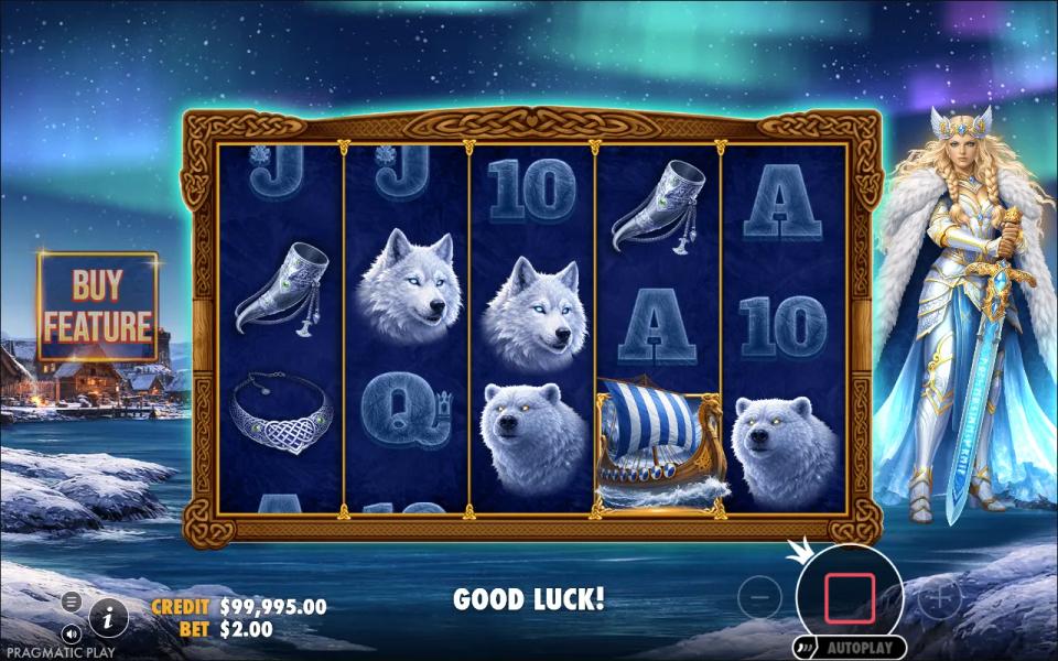 Freya 1000 base game with wolves, bears and frozen card ranks across the five reels and no win