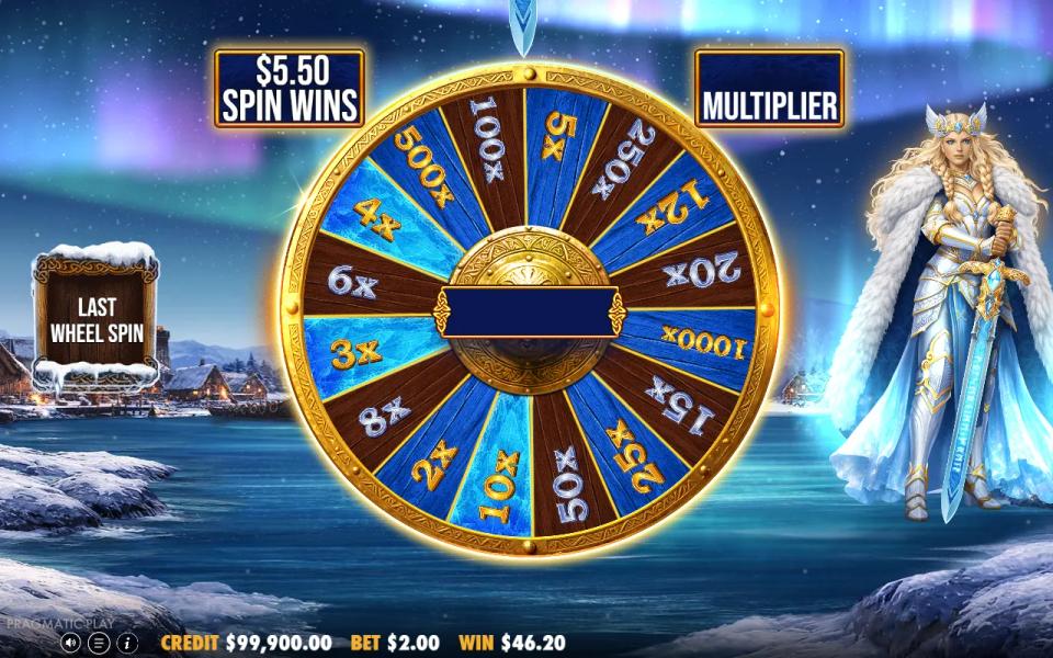 Free spins wheel showing sixteen multiplier segments from 2x to 1000x