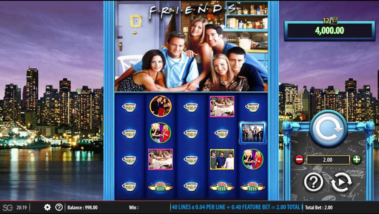 Friends slot 5x4 grid with cast photo symbols, Central Perk coffee cups and a green cafe sign on a payline win