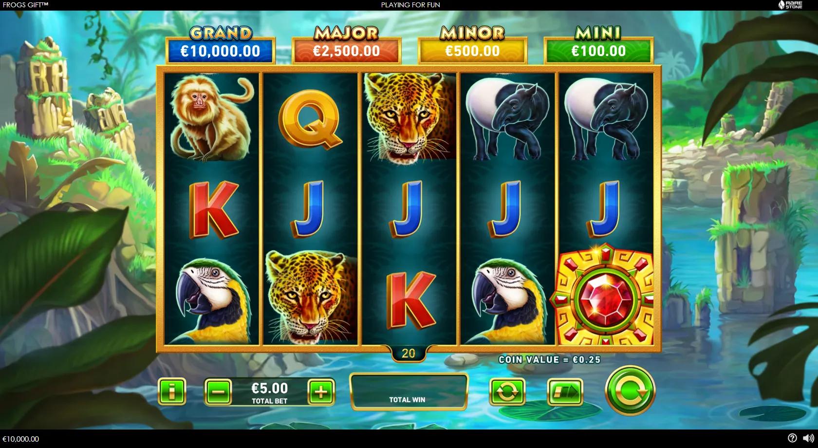Frogs Gift 5x3 rainforest reels with golden monkey, leopard, tapir and macaw symbols under four jackpot meters