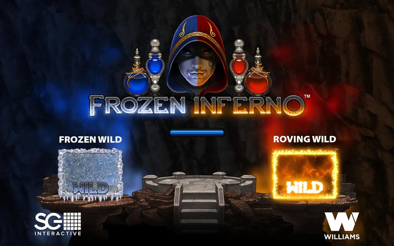 Hooded wizard with face split vertically, pale ice blue on left and fiery red on right, flanked by potion bottles