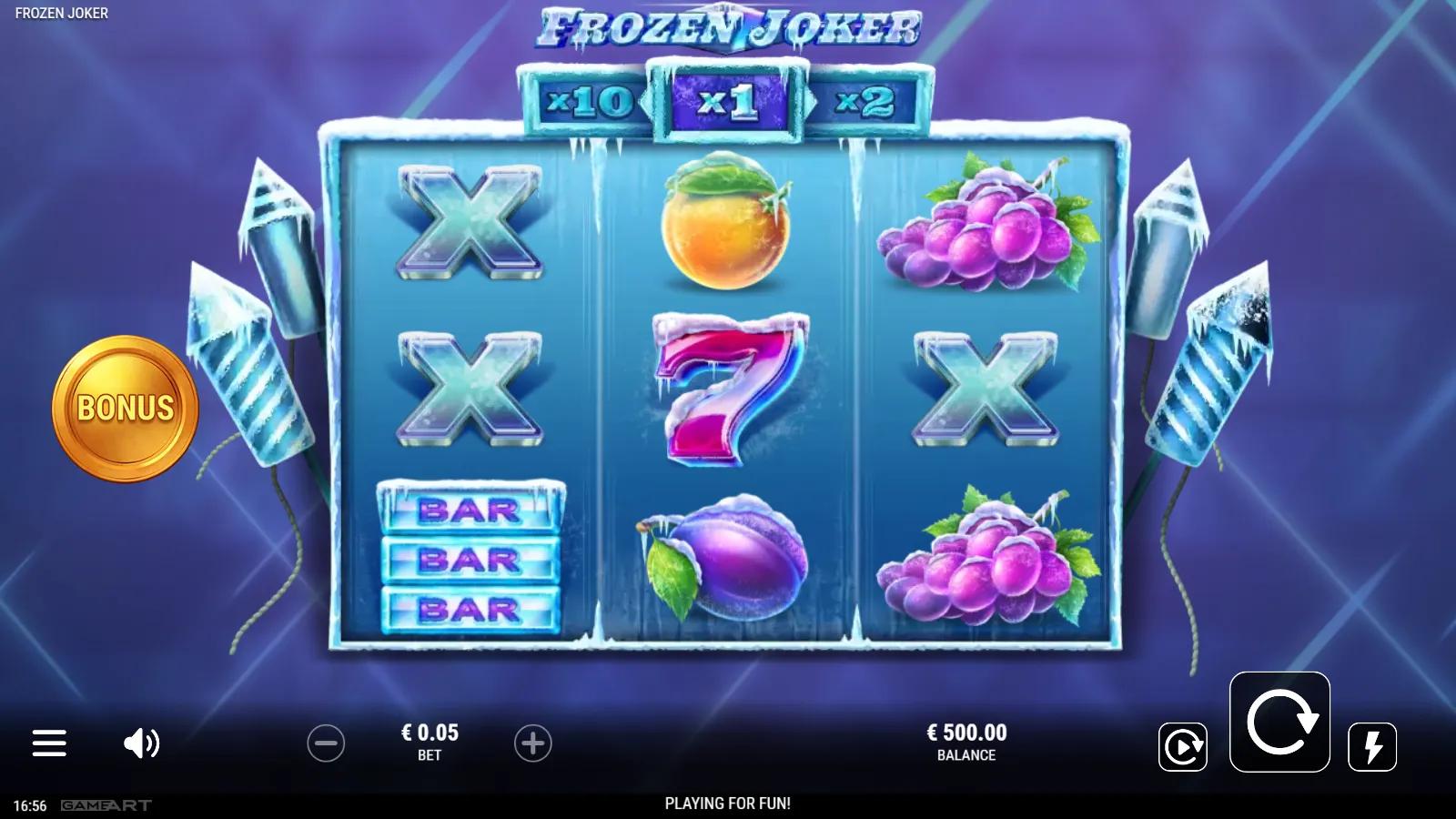Frozen Joker slot gameplay showing the icy 3x3 grid with frozen fruit, BAR and lucky 7 symbols and a multiplier ladder