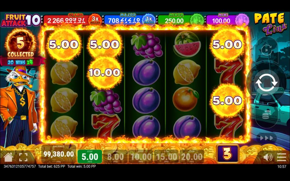 The Fruit Attack 10 Pate Link bonus board grown to five reels by four rows inside a ring of flame, with the collected-suns counter and the 20 wins x4 target