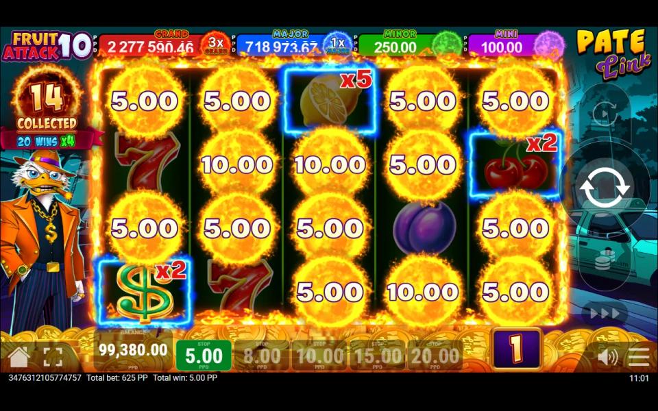 Late in the bought bonus, 14 suns held on the board and three dollar multiplier frames of x5, x2 and x2 sitting on cherry, lemon and dollar cells with no sun in them