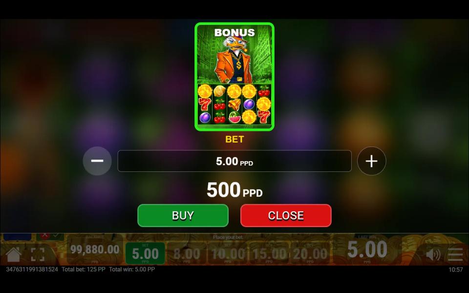 The Fruit Attack 10 Pate Link Buy Bonus card with the bet selector and a price of 100 times the bet