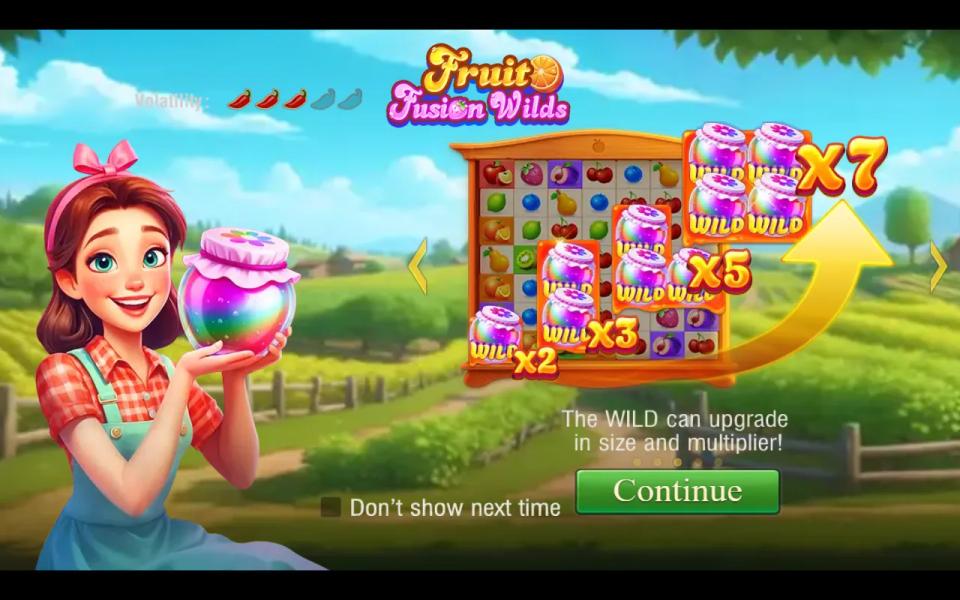 Fruit Fusion Wilds intro slide showing a jam jar wild growing from one tile to two, three and finally a 2x2 block, with the line The WILD can upgrade in size and multiplier