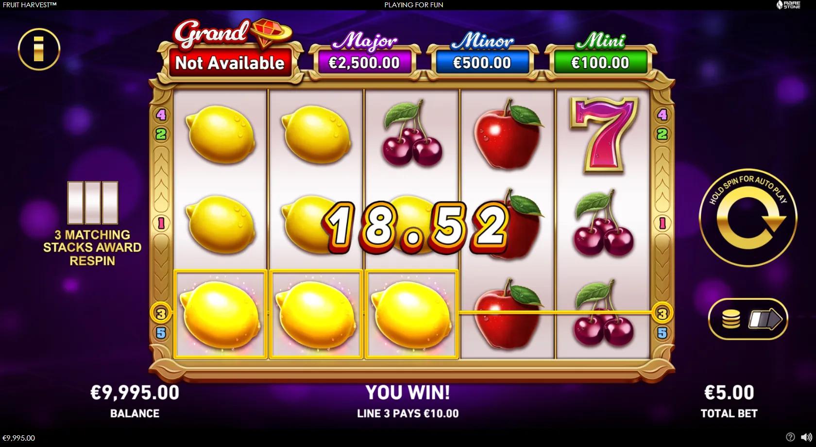 Fruit Harvest slot gameplay on a gold-framed 5x3 board showing watermelon, grapes, lemon, cherry and red 7 symbols with a circular jackpot prize overlay, set on a deep purple background
