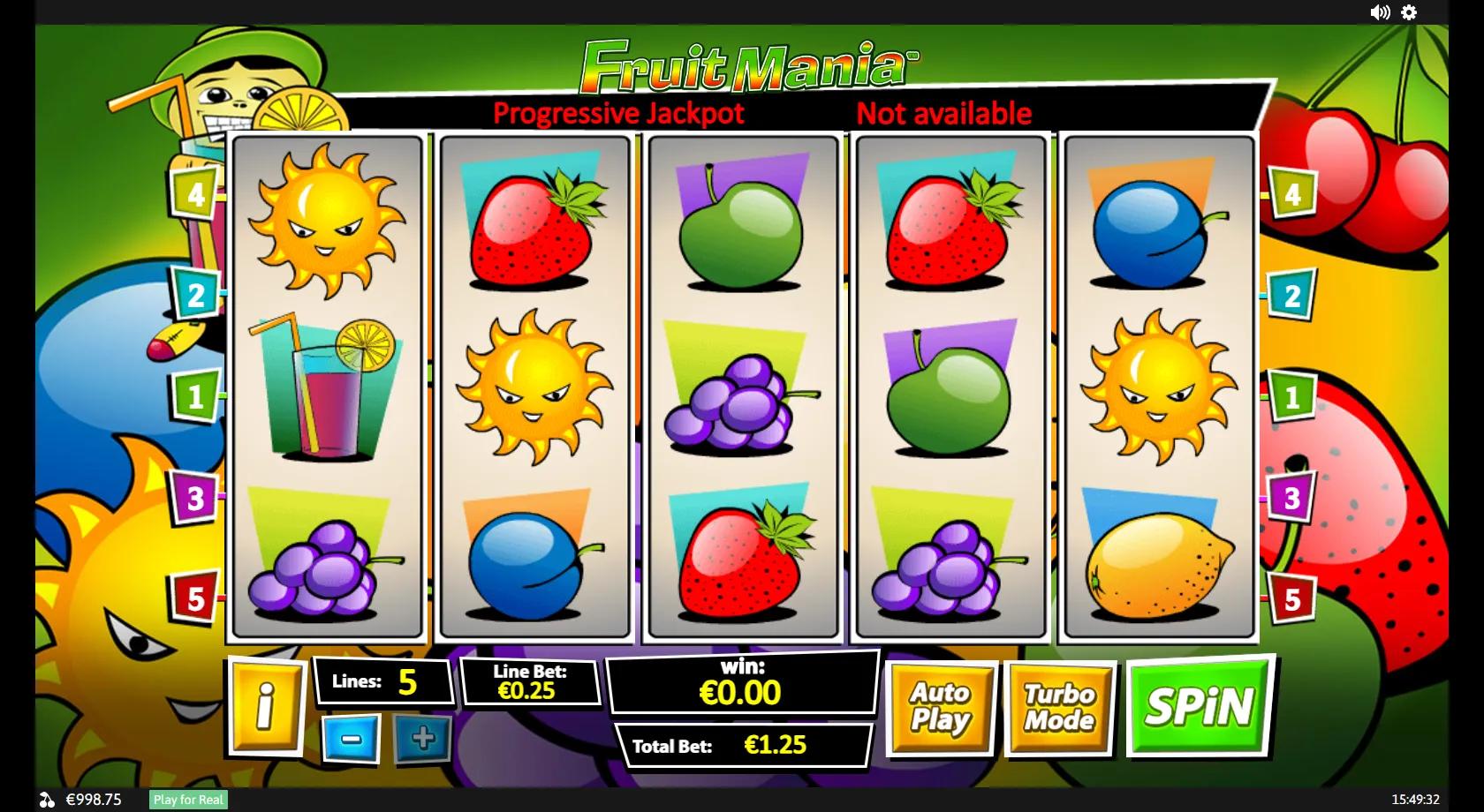 Fruit Mania gameplay showing a 5x3 classic fruit machine with cherries, plums, grapes and a cocktail scatter