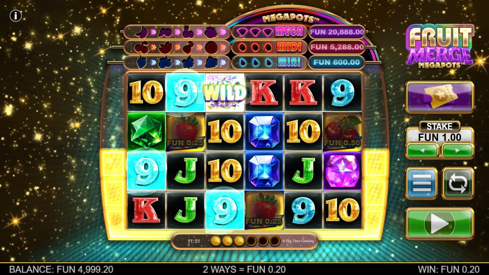 Fruit Merge Megapots slot gameplay showing 6x4 grid with Mega/Midi/Mini Megapots meters and fruit gem symbols
