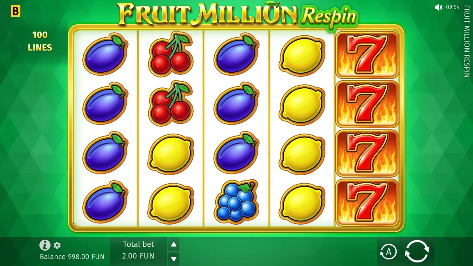 Fruit Million Respin slot gameplay showing the 5x4 fruit grid with a full reel of flaming red 7 symbols