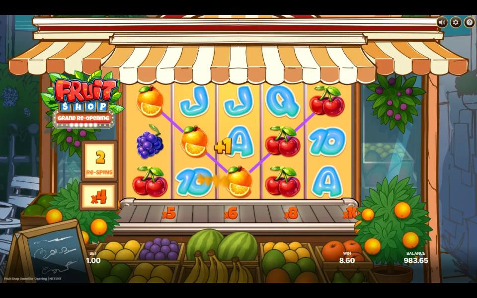 Fruit Shop Grand Re-Opening Re-Spins on gold reels under the shop awning, an orange line winning with a +1 badge, 2 re-spins left at x4 and the next multipliers x5, x6, x8 on the conveyor below