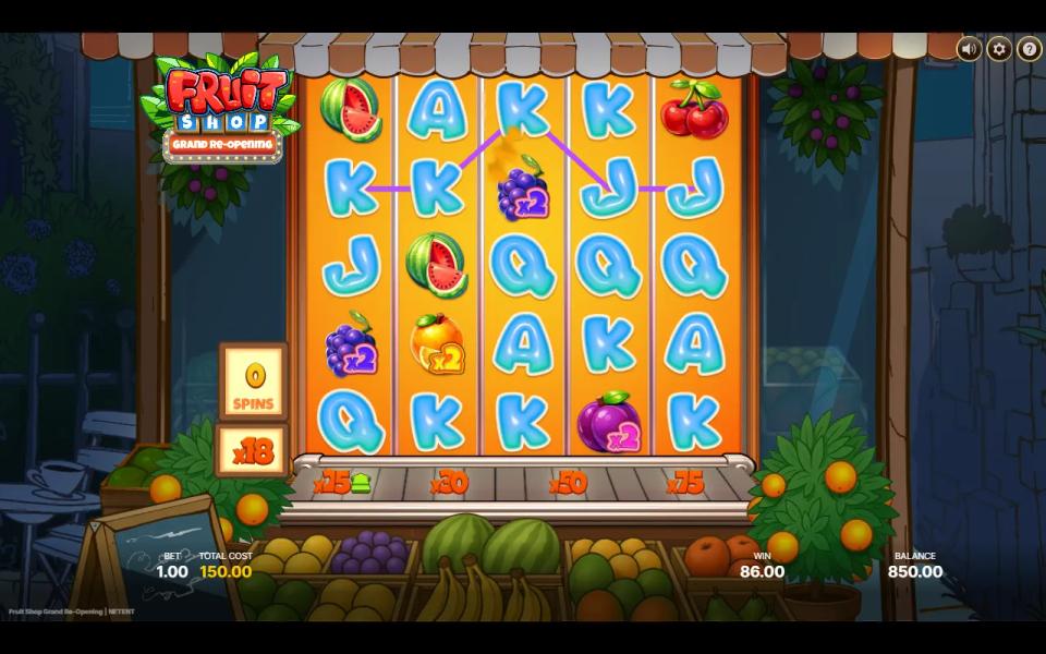 Last spin of the bought Orchard Spins at x18 with 0 spins left, a K line paying across the board and grapes, orange and plum symbols each marked x2