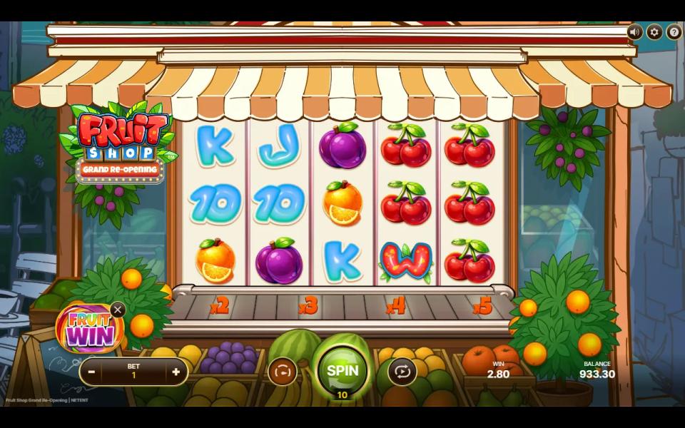 Base game with the Fruit Win special bet armed as a chip with an X in place of the Elevate button, and the SPIN button showing a price of 10