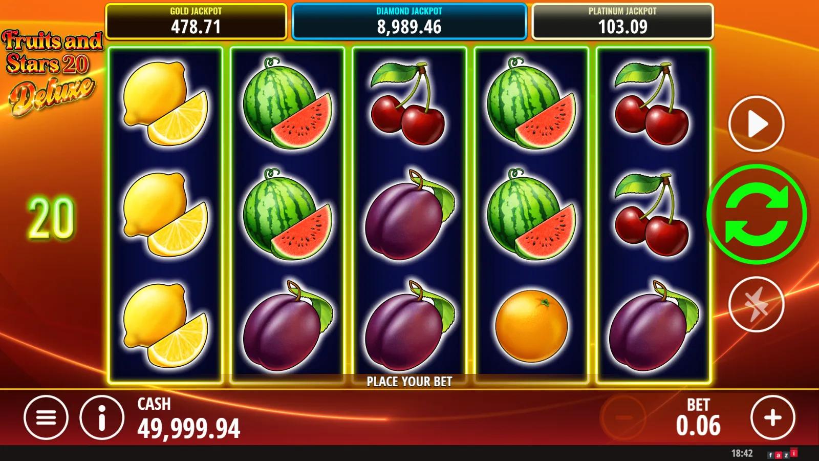 Fruits and Stars 20 Deluxe slot gameplay showing 5x3 fruit grid with red 7 wild, gold star scatter, bell and 20 paylines